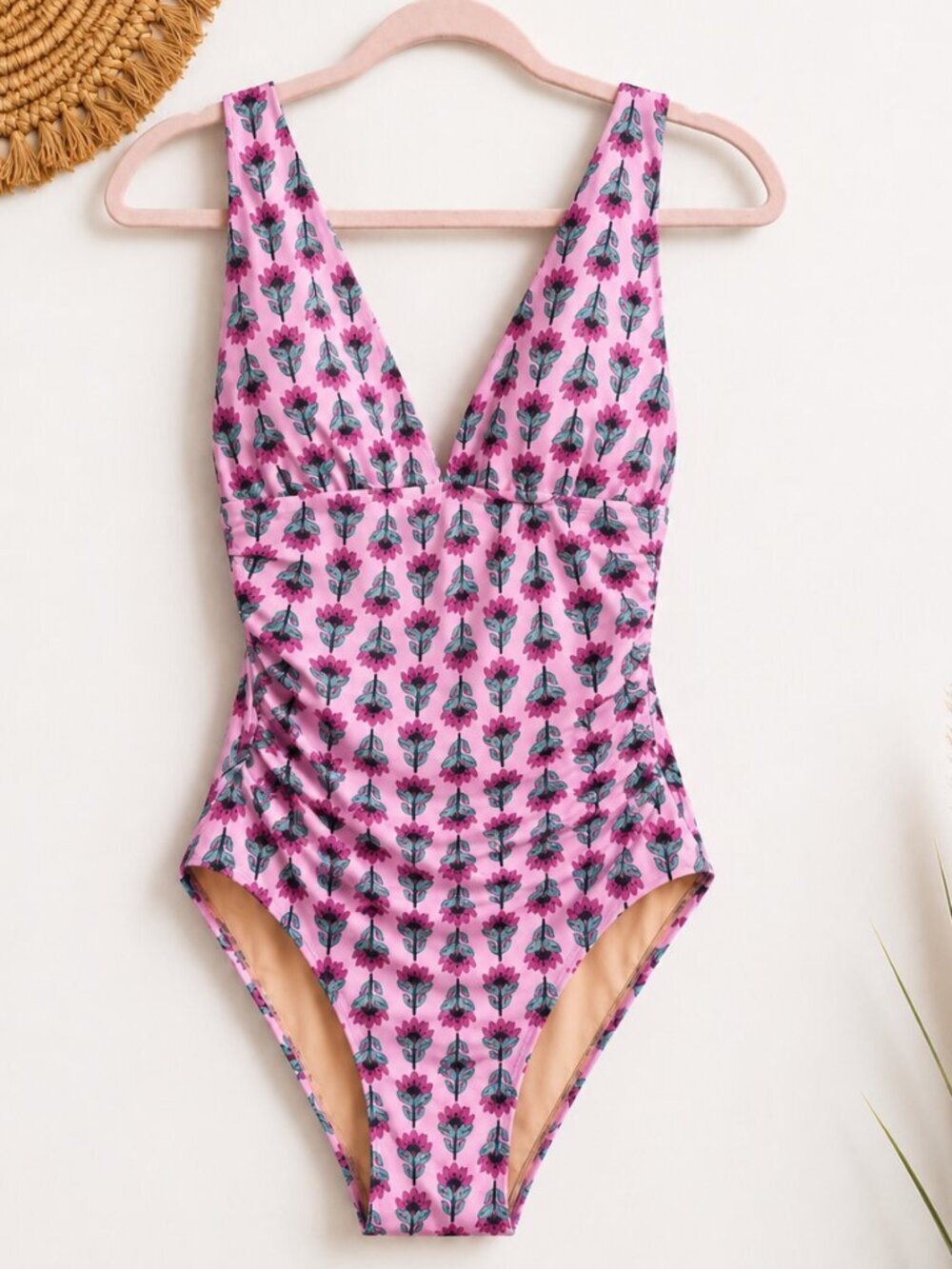 J. Crew Pink Floral Plunge One-Piece Swimsuit